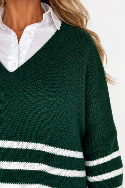 Wool Mix Stripped Diana Top - Emerald Green