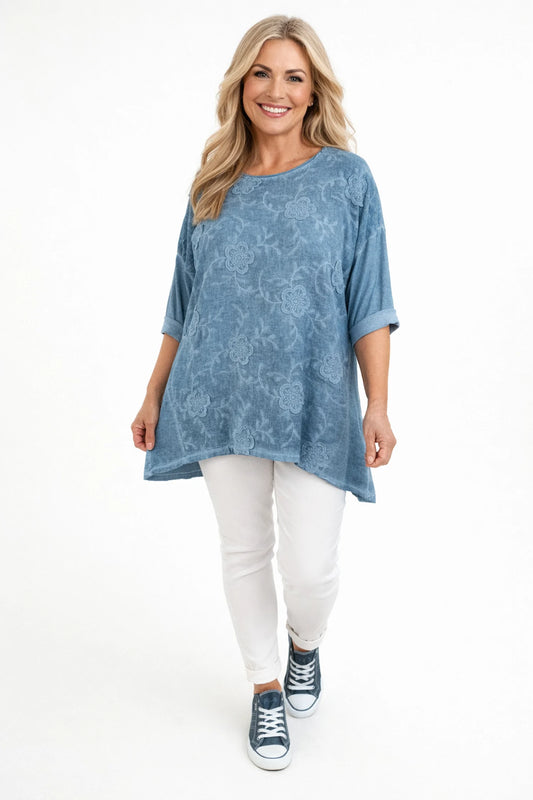 Linen Cotton Mix Embroidered Flower Capri Top - Washed Denim