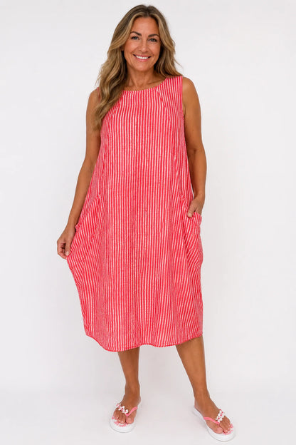 Cotton Double Pocket Pinstripe Elizabeth Dress - Coral