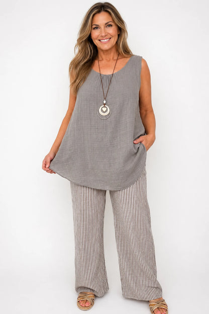 Pure Cotton Double Pocket Elasticated Waist Viera Stripe Pants - Mocha