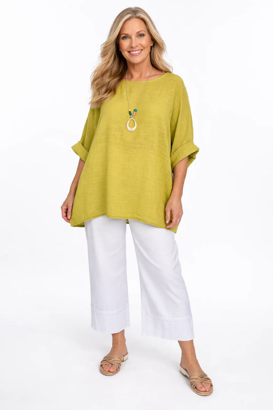 Pure Cotton Linen Look Italia Necklace Top - Lime