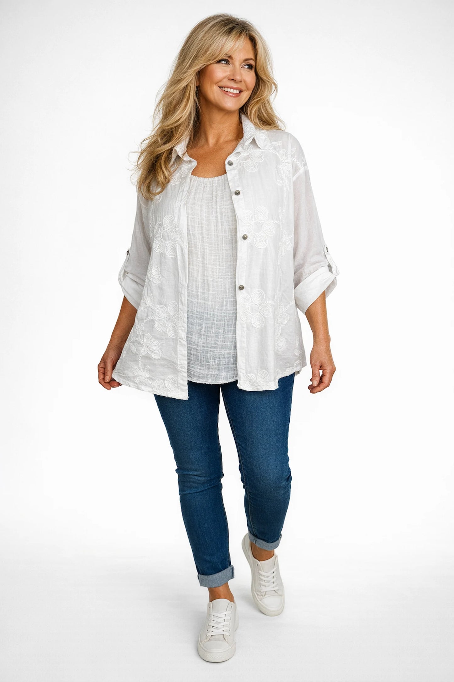 Pure Cotton Embroidered Flower Button Sleeve Valentina Button Shirt - White