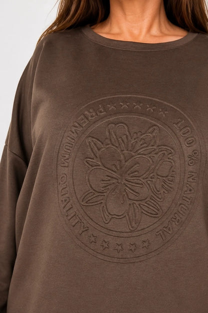 Embossed Clover Drawstring Hem Ambriella Top - Chocolate