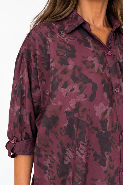 Button Sleeve Cassia Leopard Button Shirt - Wine
