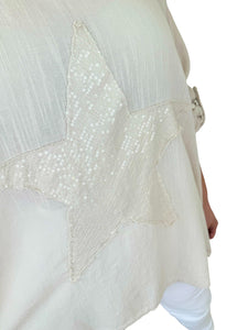 Cotton Sparkle Star Siana Button Sleeve Batwing Top - Beige