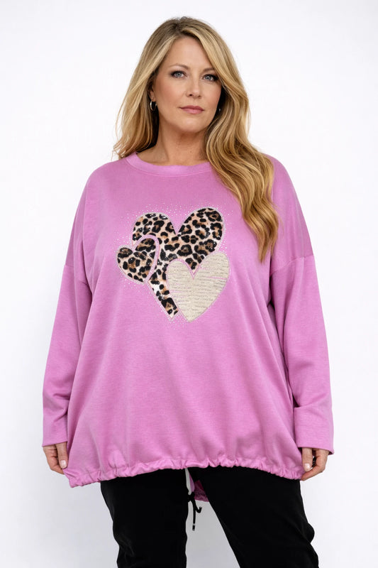 Diamanté Leopard Heart Draw String Tied Detail Carmella Sweatshirt - Cerys Pink