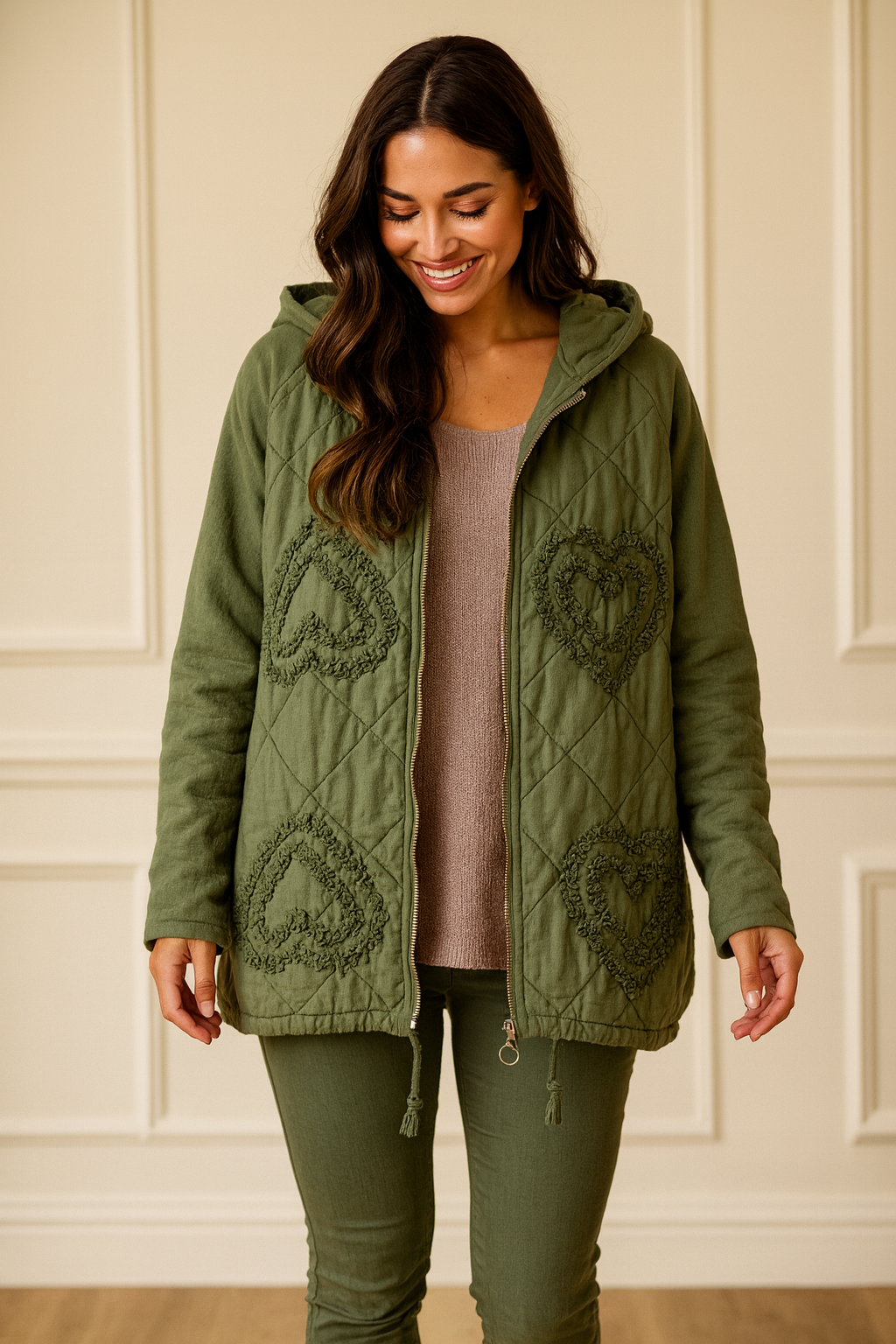 Cotton Embroidered Heart Amélie Hooded Jacket - Khaki