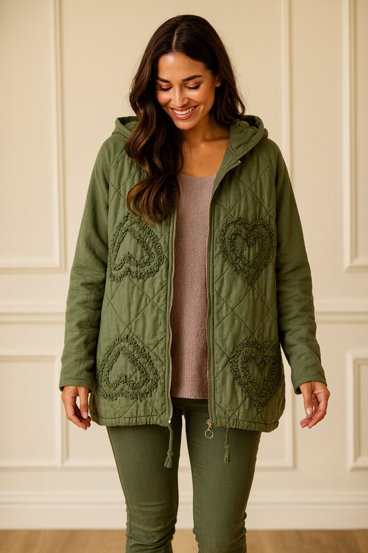 Cotton Embroidered Heart Amélie Hooded Jacket - Khaki