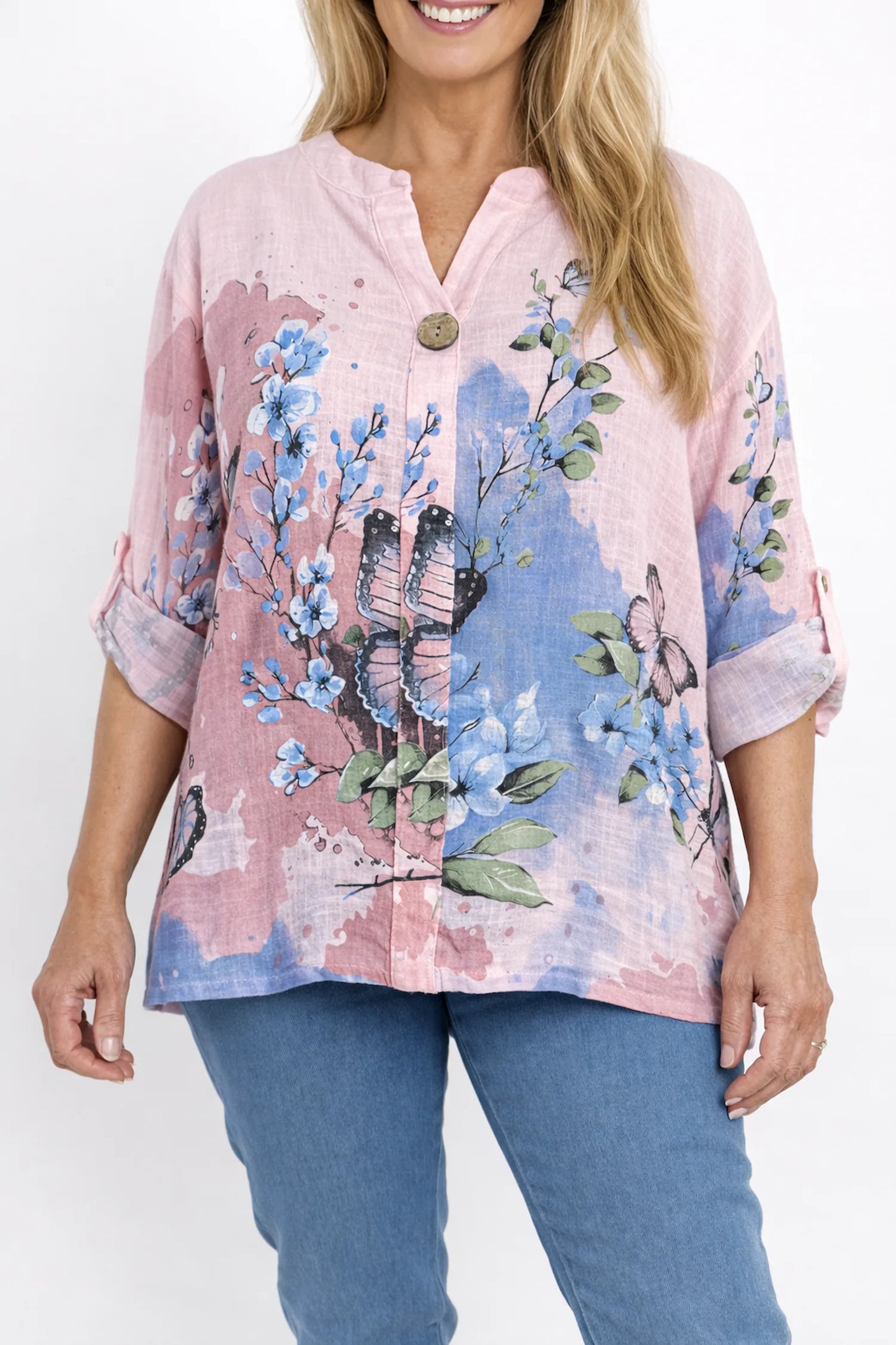 Pure Cotton Button Sleeve Button Detail Talia Shirt - Baby Pink