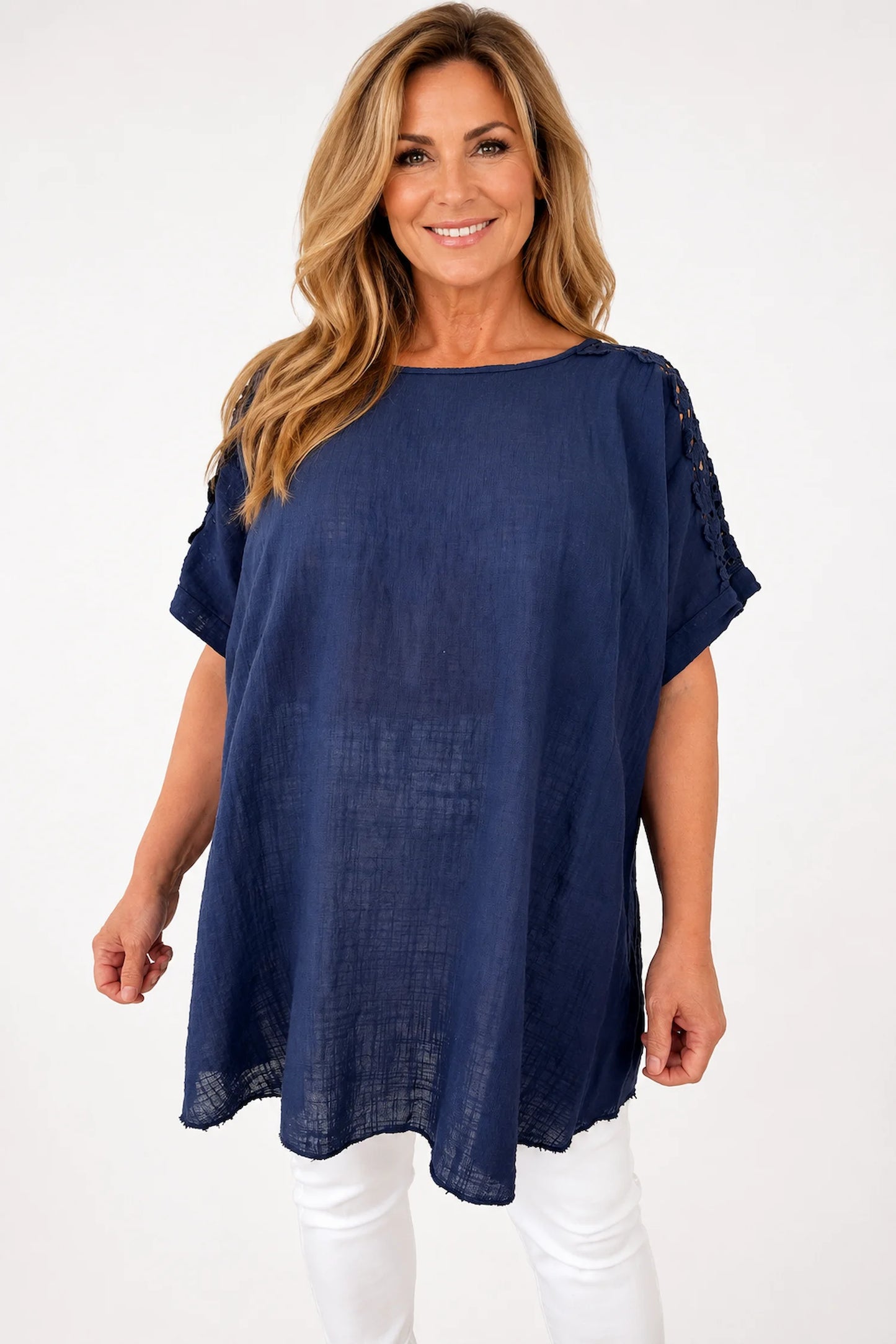 Pure Cotton Embroidered Crochet Sleeve Amira Top - Navy
