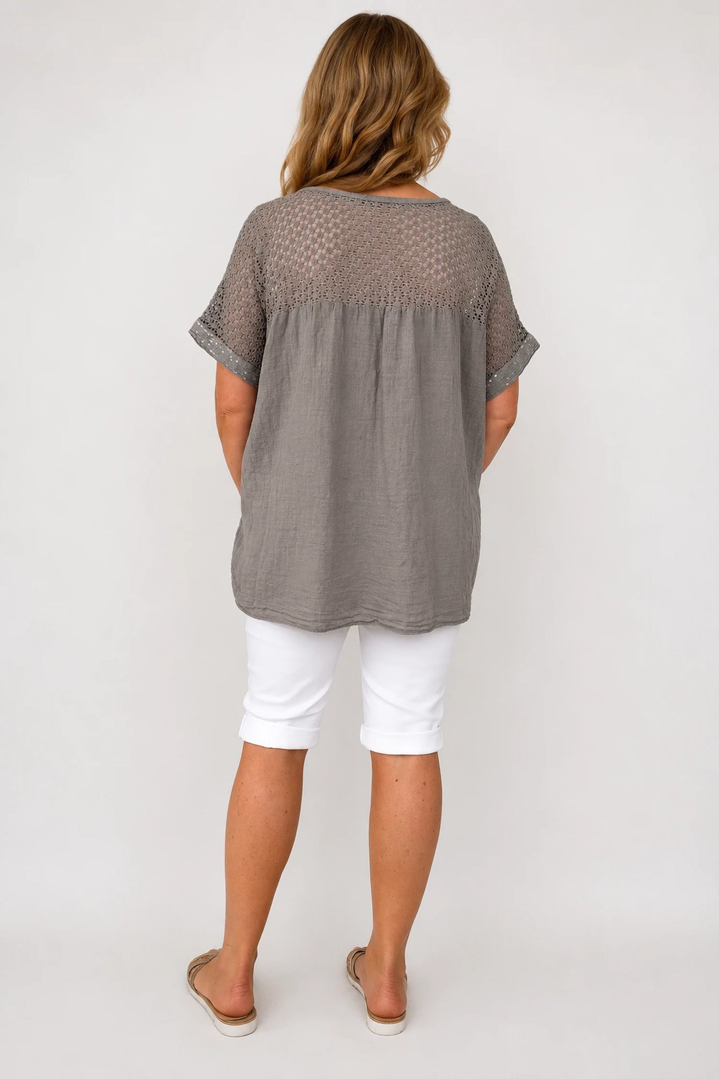 Cotton Crochet Detail Embroidery Anglaise Sequin Hem/Sleeve Selina Top - Mocha