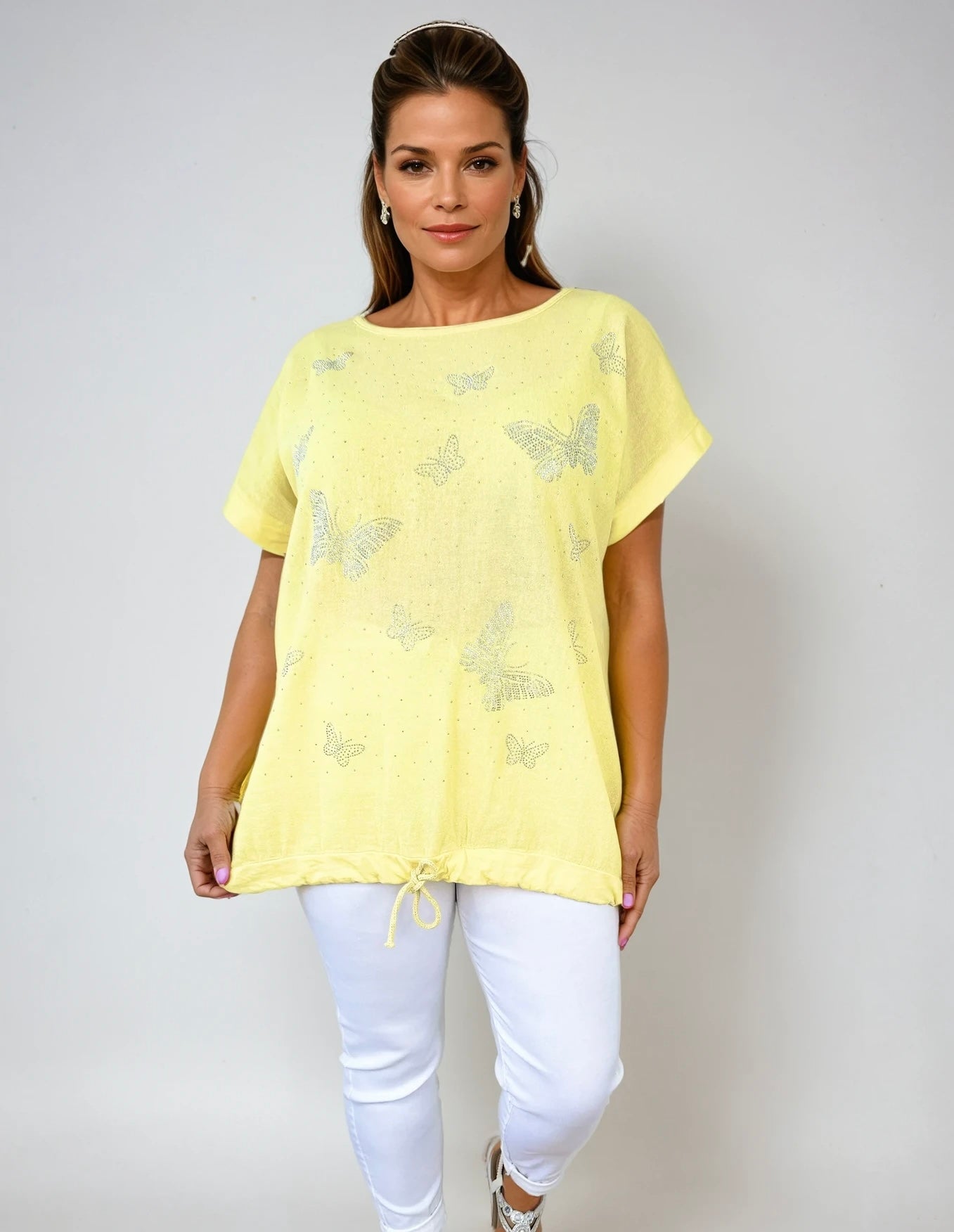 Linen Mix Diamanté Butterfly Tied Detail Top - Lemon