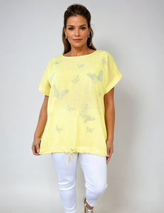 Linen Mix Diamanté Butterfly Tied Detail Top - Lemon