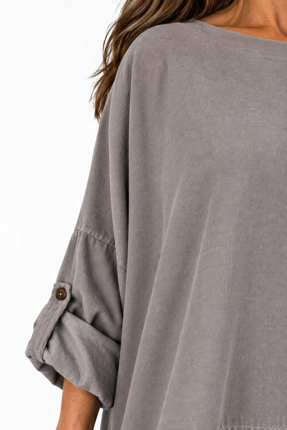 Pure Cotton Needlecord Button Sleeve Button Detail Riviera Top - Mocha