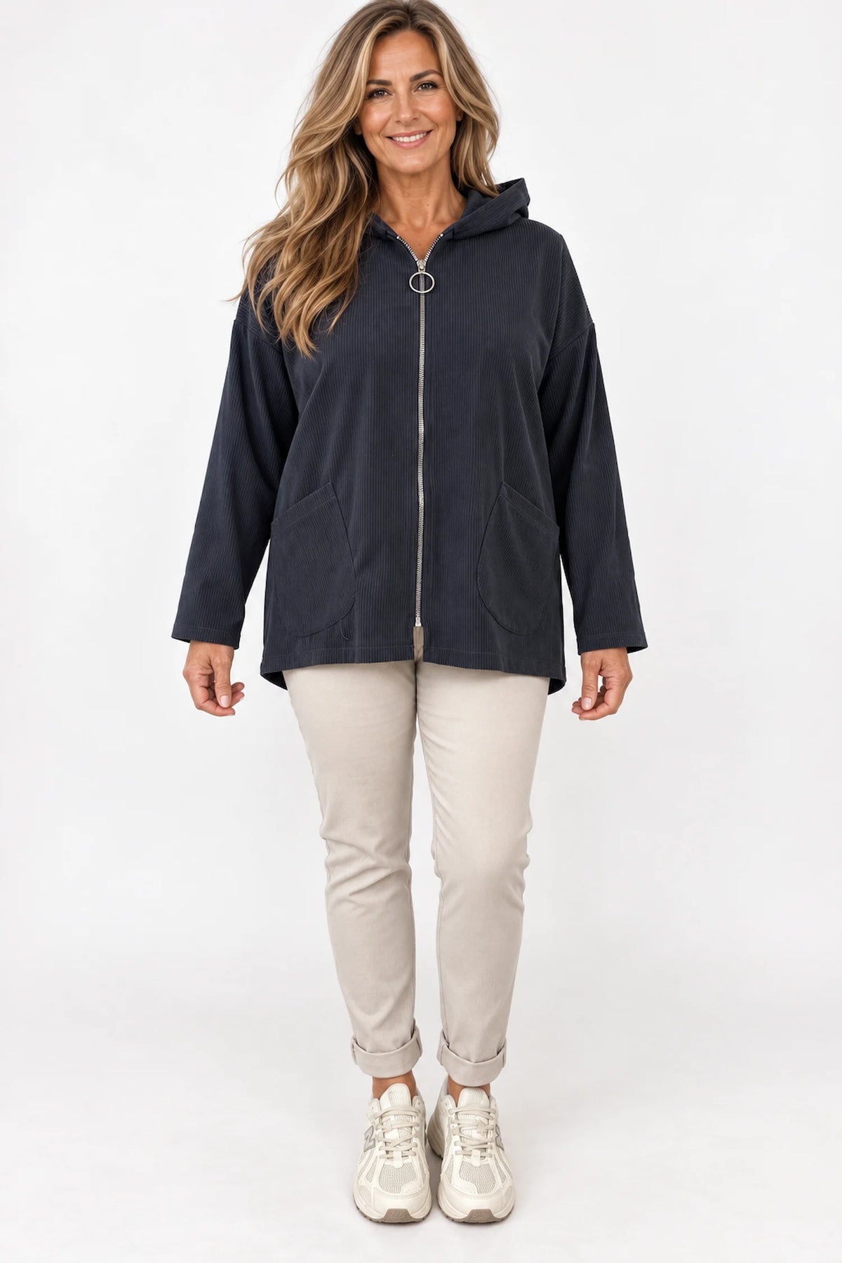 Double Pocket Francis Cord Zipped Hooded Jacket - Charcoal
