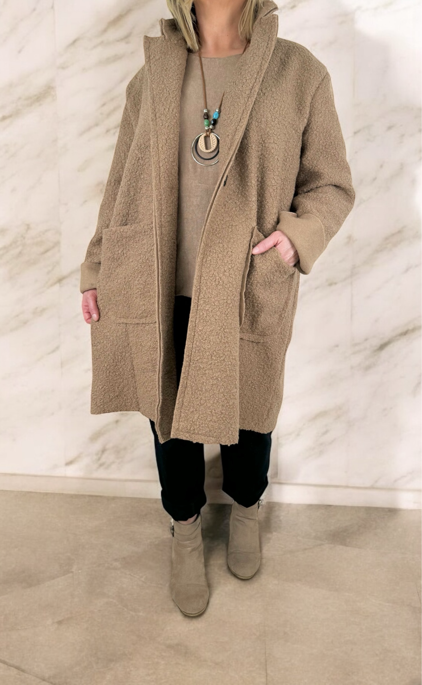 Wool Mix Long Line Double Pocket Teddy Button Coat AW24