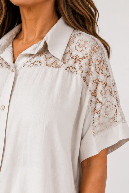 Lace Crochet Shoulder Alexandra Button Shirt - Beige