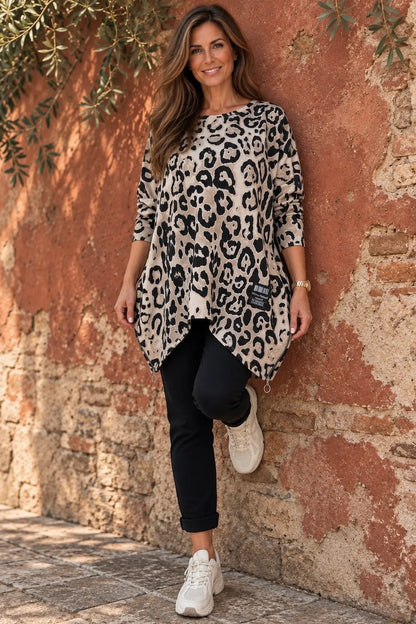Badge Detail Double Zip And Pocket Tiana Leopard Top - Beige