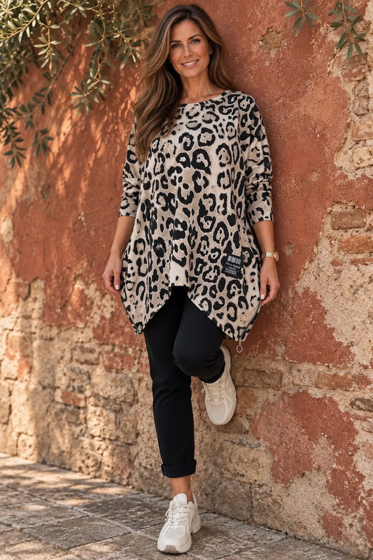 Badge Detail Double Zip And Pocket Tiana Leopard Top - Beige