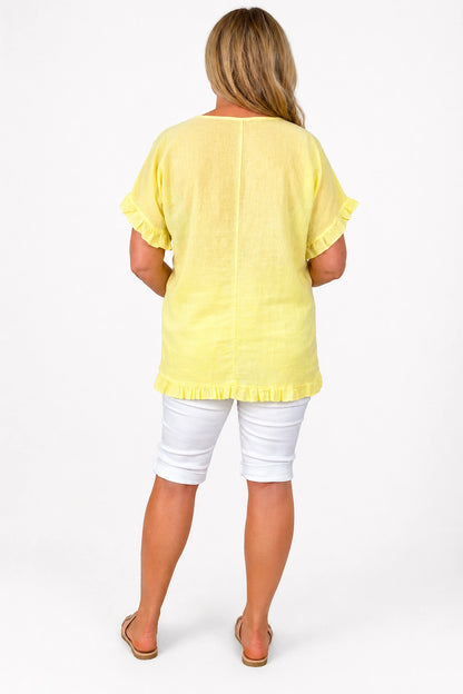 Linen Cotton Mix Frill Sleeve And Hem Iris Necklace Top - Lemon