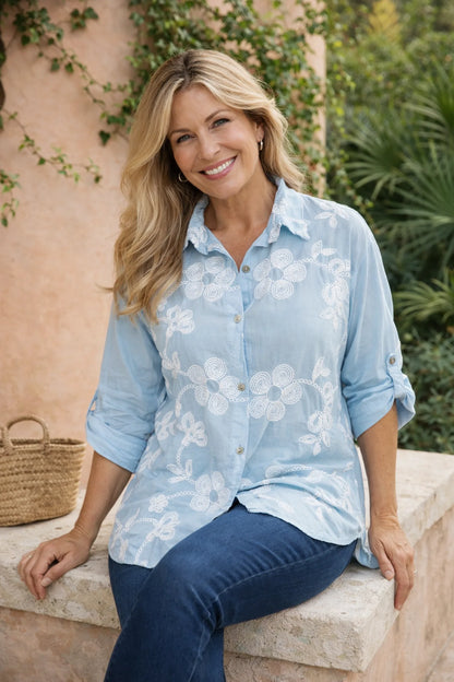 Pure Cotton Embroidered Flower Button Sleeve Valentina Button Shirt - Baby Blue
