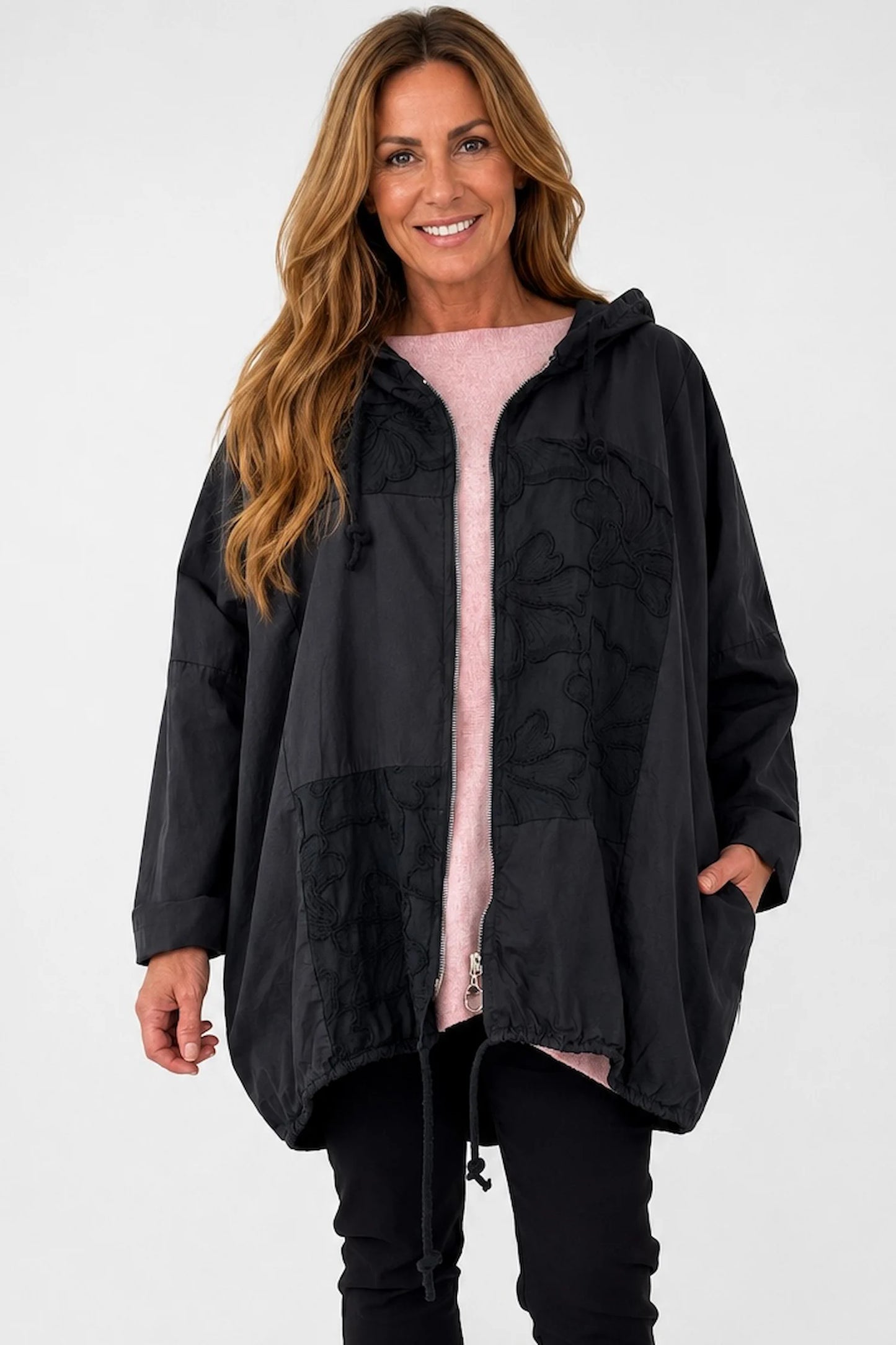 Pure Cotton Embroidery Anglaise Double Pocket Hooded Carletta Drawstring Detail Zipped Jacket - Black