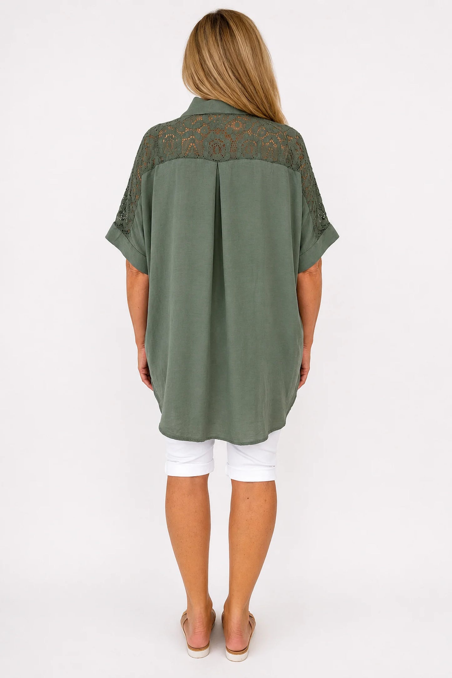 Lace Crochet Shoulder Alexandra Button Shirt - Khaki
