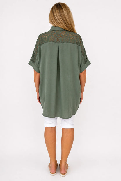 Lace Crochet Shoulder Alexandra Button Shirt - Khaki