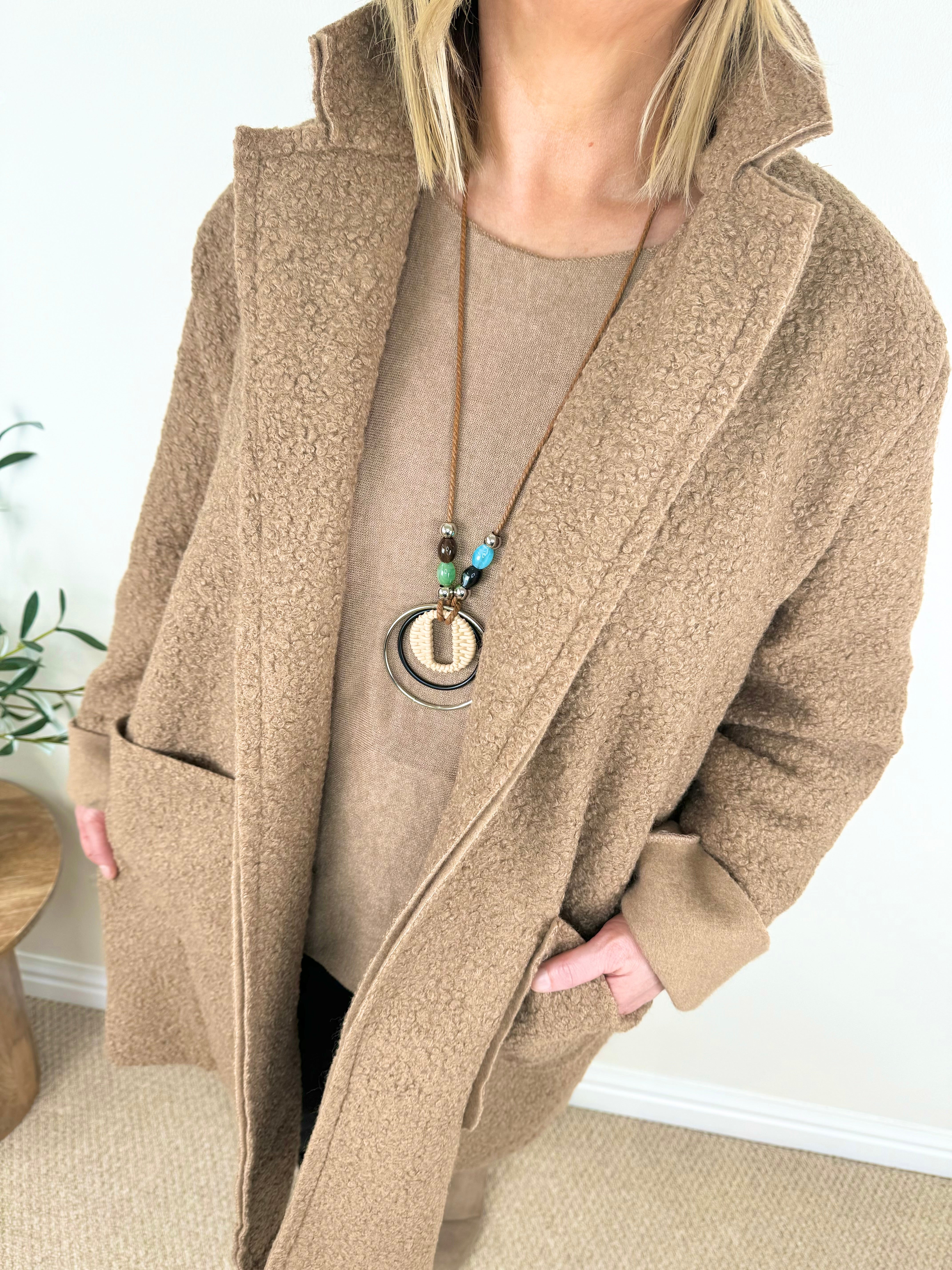 Wool Mix Long Line Double Pocket Teddy Button Coat AW24