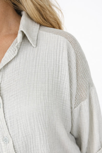 Pure Bubble Cotton Mesh Sleeve/Back Detail Celeste Button Shirt - Beige