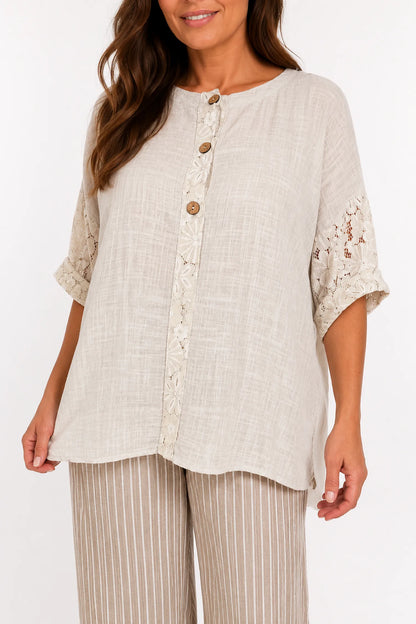 Linen Look Cotton Lace Sleeve Calabri Button Top - Beige