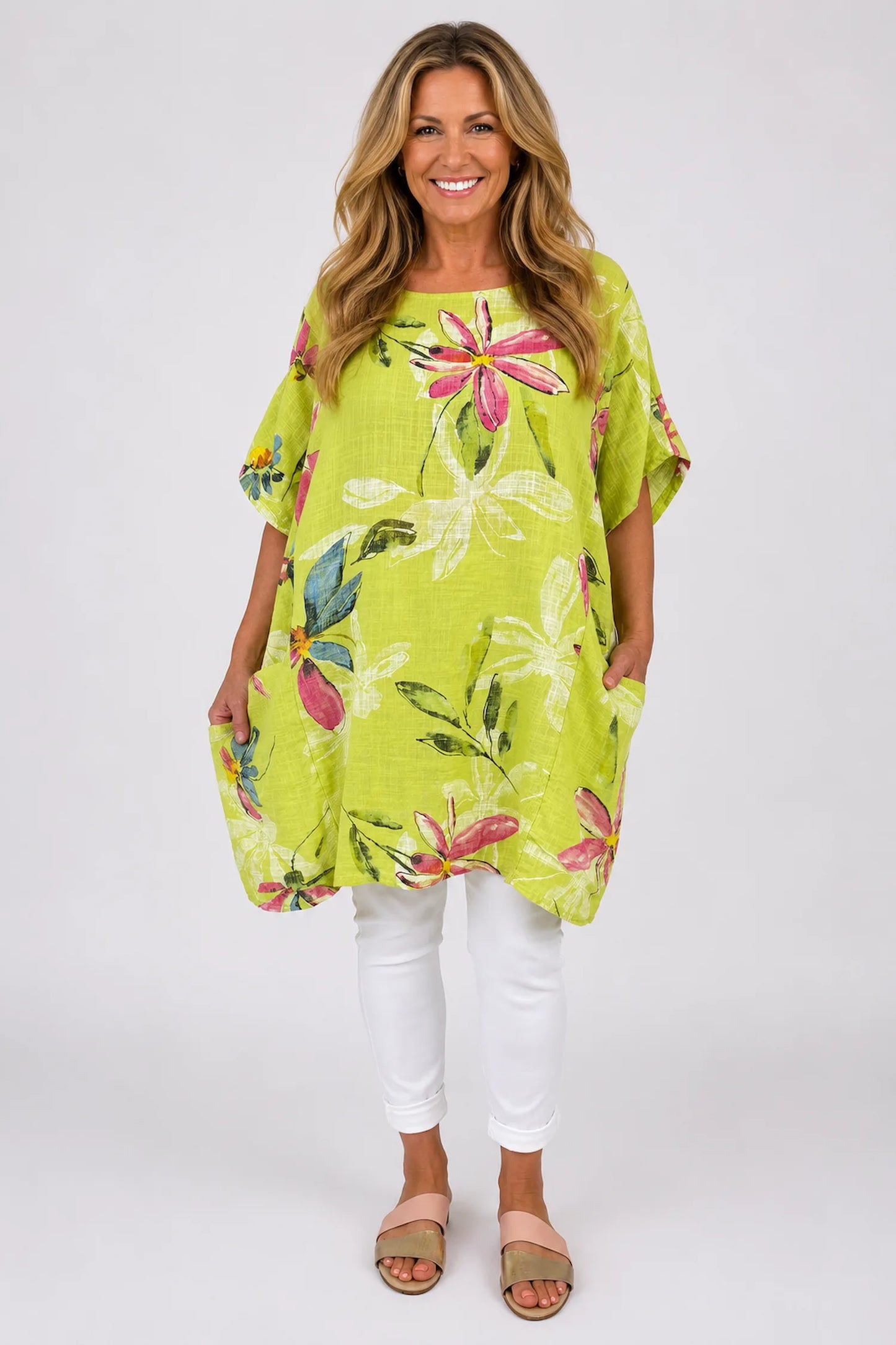 Pure Cotton Double Pocket Livia Tunic Top - Lime