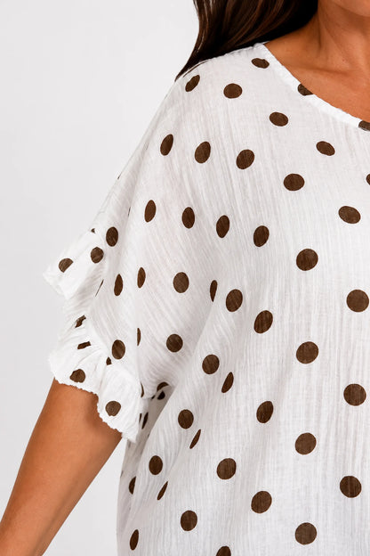 Polka Dot Frill Sleeve Soft Stitch Allegra Top - White