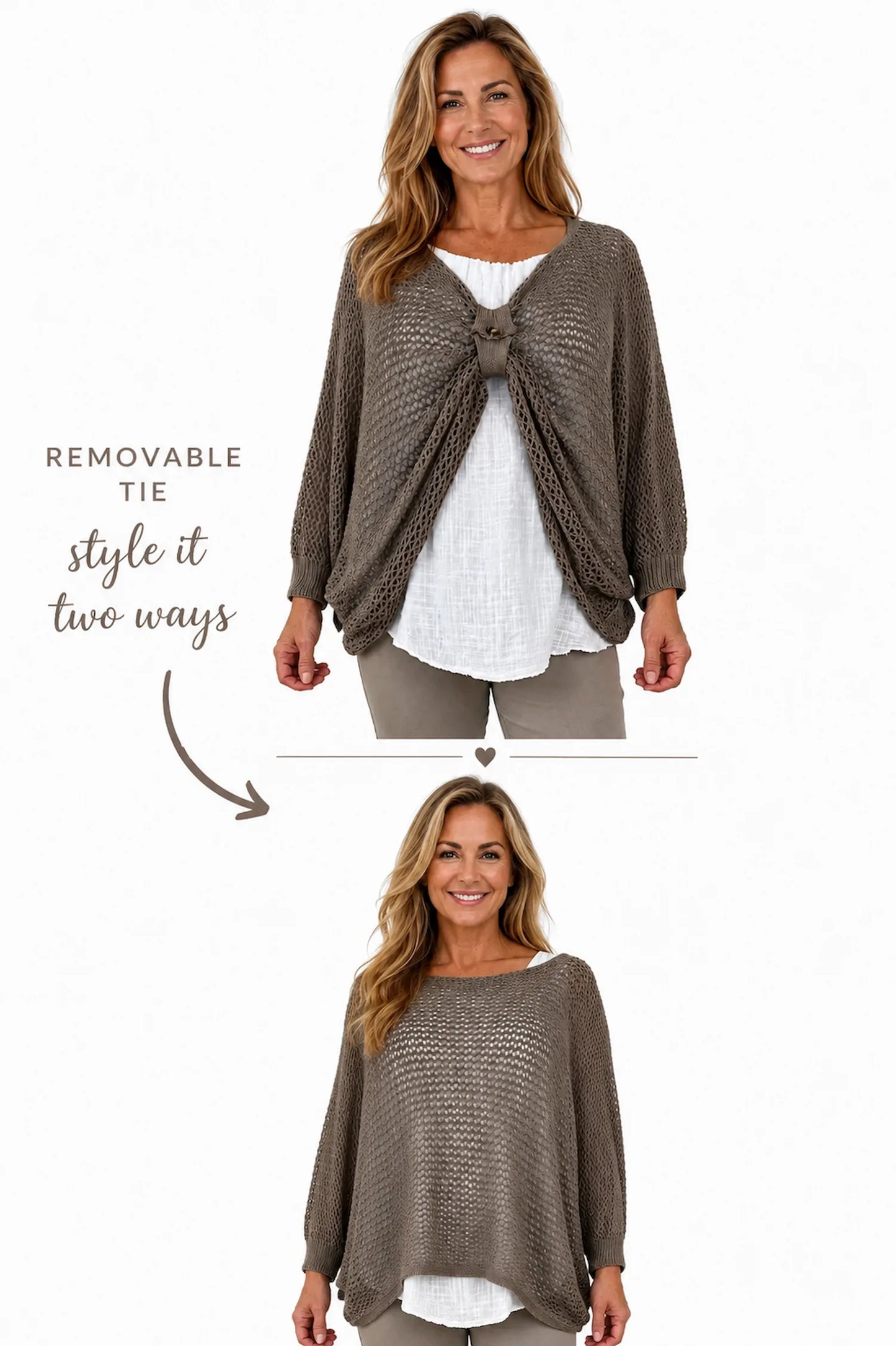 Pure Cotton Removable Tie Alexandra Batwing Crochet Top - Mocha
