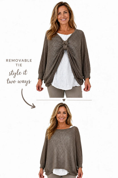 Pure Cotton Removable Tie Alexandra Batwing Crochet Top - Mocha