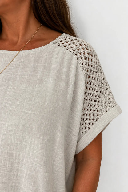 Pure Cotton Crochet Detail Francesca Necklace Top - Beige