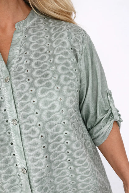Cotton Button Sleeve Embroidery Anglaise Detail Tatiana Button Shirt - Washed Sage