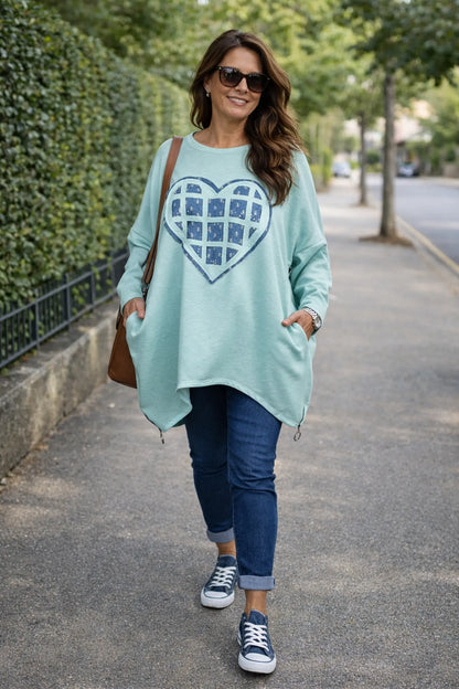 Sparkle Denim Heart Zip Side Detail Maria Sweatshirt - Mint