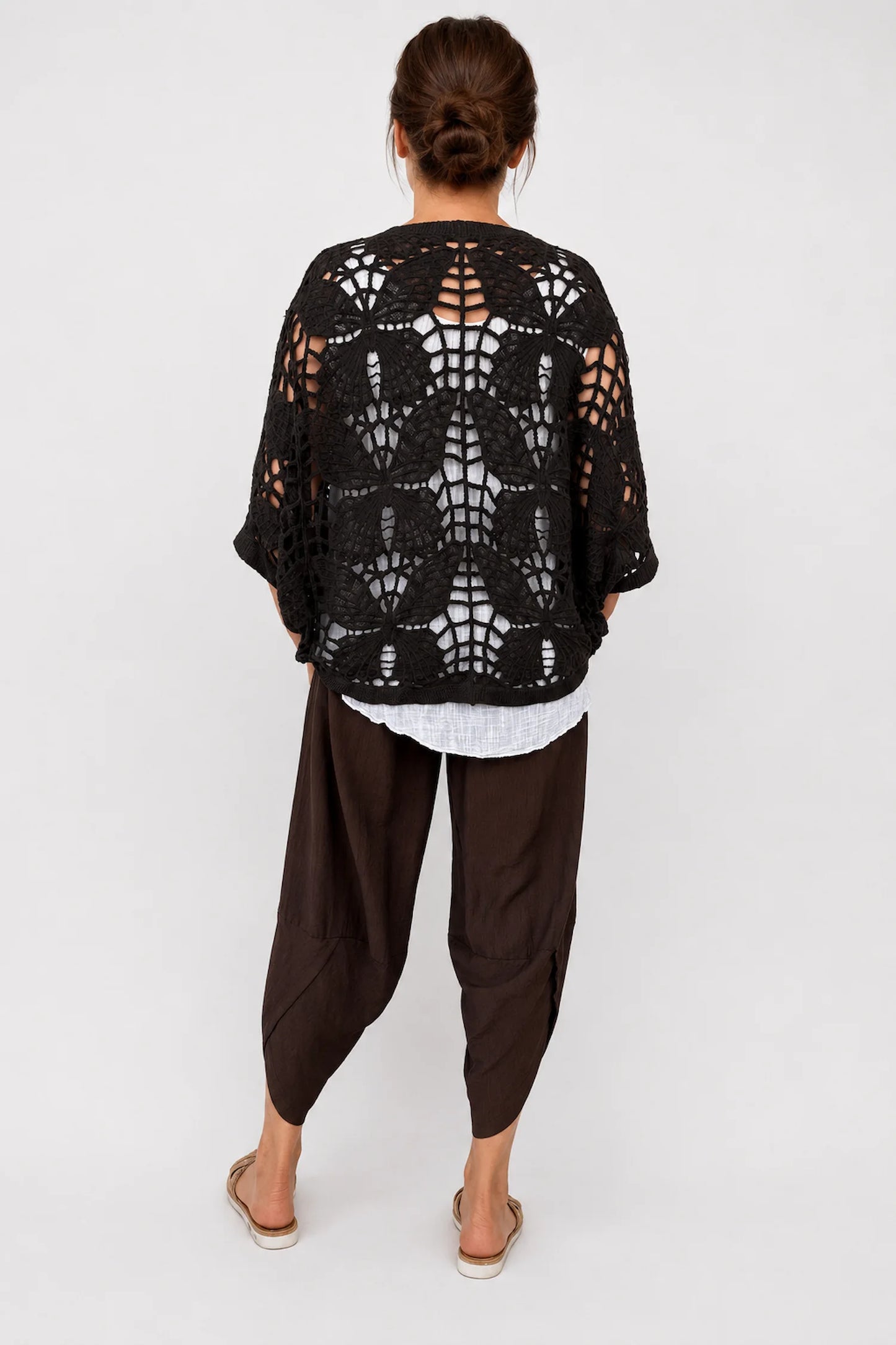 Pure Cotton Sadie Batwing Button Crochet Cardigan - Chocolate