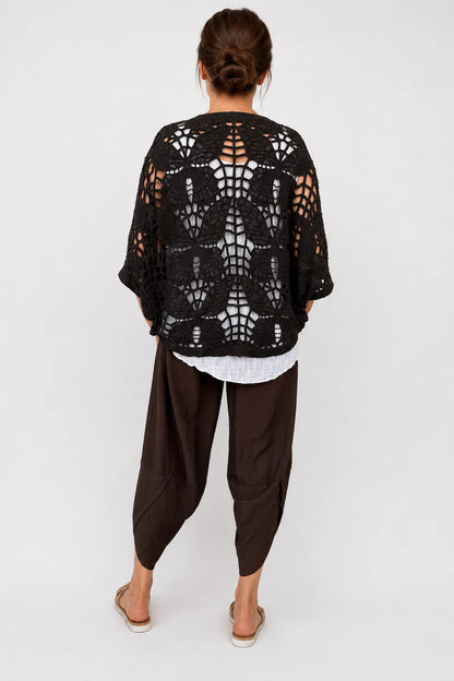 Pure Cotton Sadie Batwing Button Crochet Cardigan - Chocolate