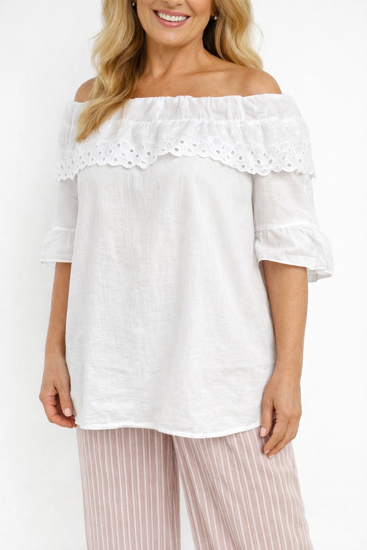 Pure Cotton Frill Sleeve Elasticated Neck Embroidery Anglaise Lumière Bardot Top - White