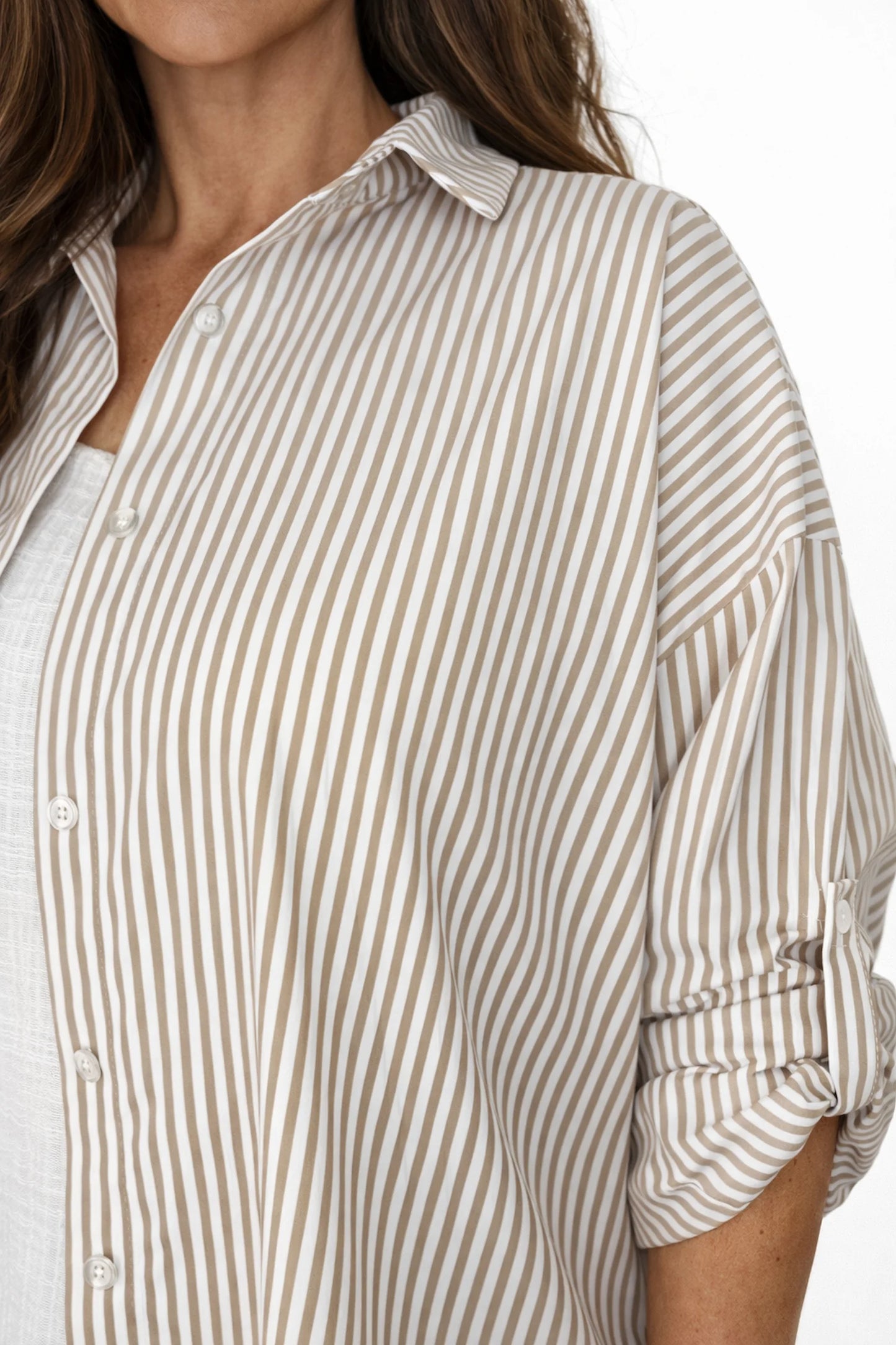 Cotton Button Sleeve Marnie Stripe Button Shirt - Beige
