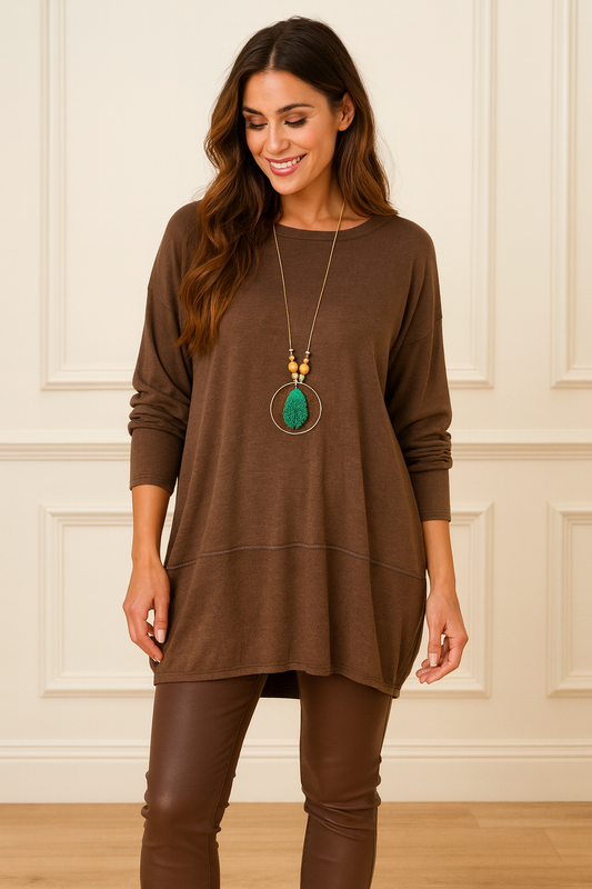 Soft Knit Silver Line Diana Necklace Top - Chocolate