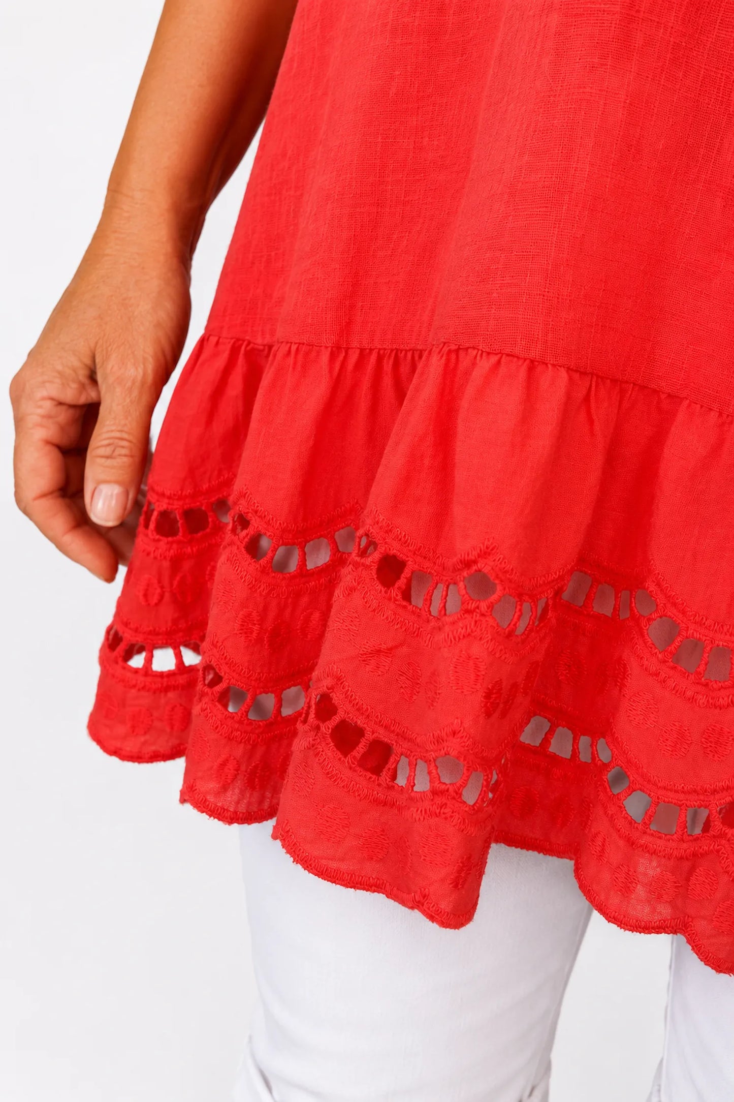 Pure Cotton Embroidery Anglaise Crochet Hem Caprina Top - Coral Red