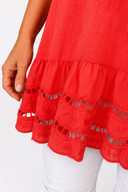 Pure Cotton Embroidery Anglaise Crochet Hem Caprina Top - Coral Red