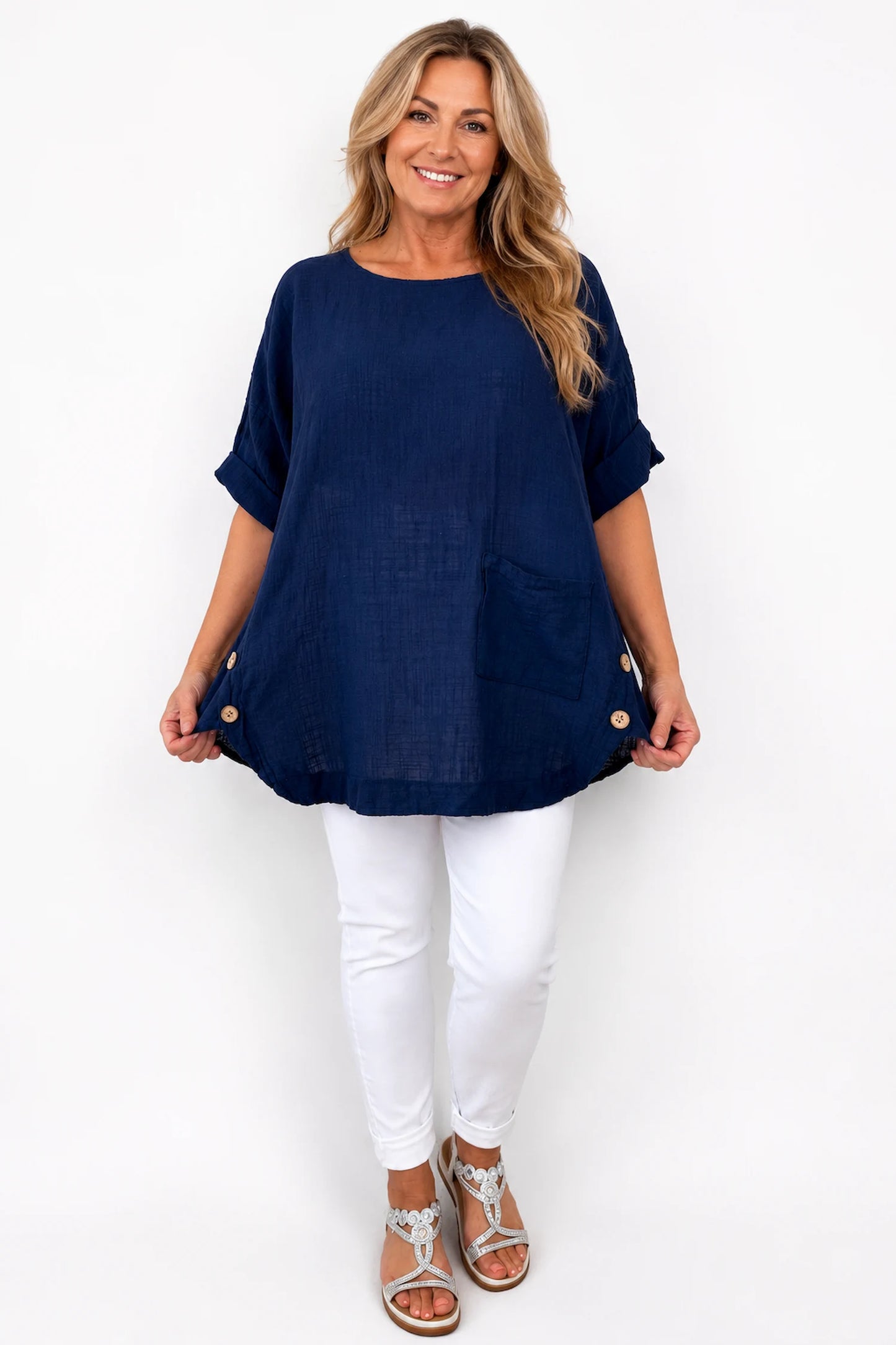 Linen Look Pure Cotton Button Detail Pocket Venice Top - Navy