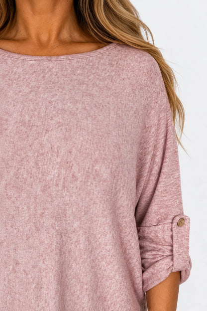 Fine Knit Button Sleeve Batwing Angelica Top - Fleck Rosewood Pink