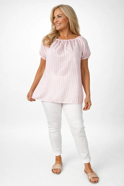 Candy Stripe Cotton Mix Elasticated Sleeve and Neckline Roxy Top - Baby Pink