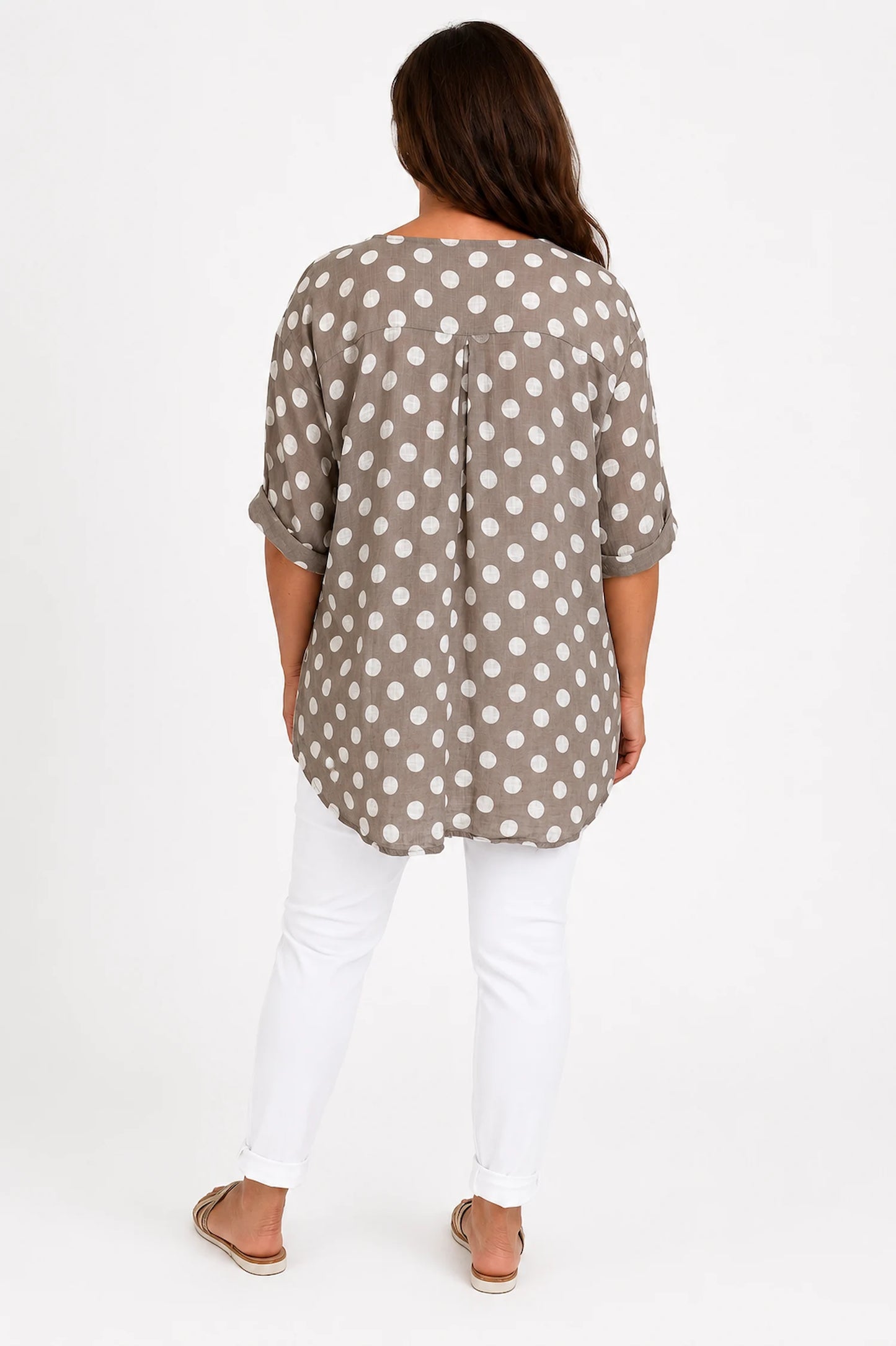 Pure Cotton Polka Dot Kara Button Shirt - Mocha