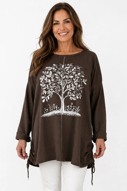 Cotton Diamanté Florence Tree Pocket Detail Tied Side Top - Chocolate